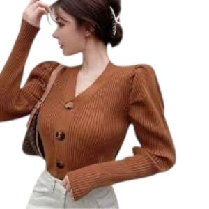 Oak + Fort Ribbed Puff Sleeve Cardigan Sweater